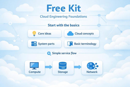 An educational infographic titled 'Free Kit' for 'Cloud Engineering Foundations' on a light blue sky and cloud background. It outlines a learning path with five rounded rectangular boxes: 'Core ideas', 'Cloud concepts', 'System parts', 'Basic terminology', and 'Simple service flow'.