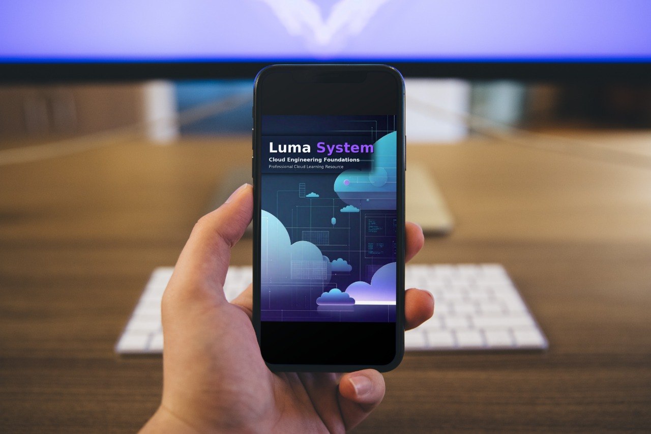 A hand holds a smartphone displaying the 'Luma System Cloud Engineering Foundations' app, with a blurred office desk, keyboard, and monitor in the background.