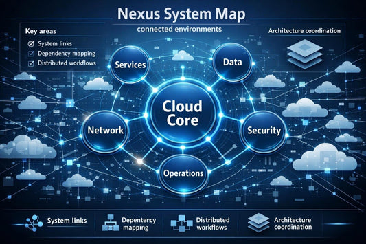 A digital infographic titled 'Nexus System Map' showing a cloud architecture diagram with a glowing central 'Cloud Core' surrounded by labeled circles for Services, Data, Security, Operations, and Network, with cloud icons and connection lines on a dark blue background.