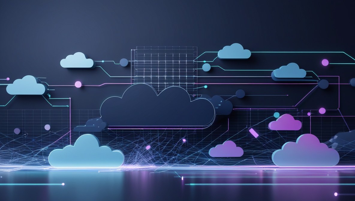 Digital illustration of stylized clouds connected by glowing circuit lines and data networks on a dark blue background.