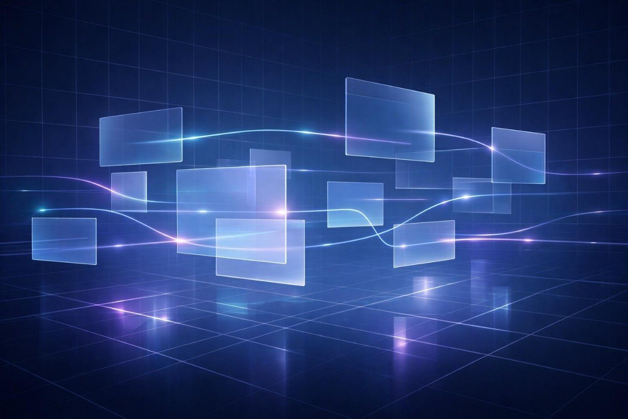 Abstract digital artwork of floating translucent rectangular screens connected by glowing blue and purple light lines over a dark blue grid background.