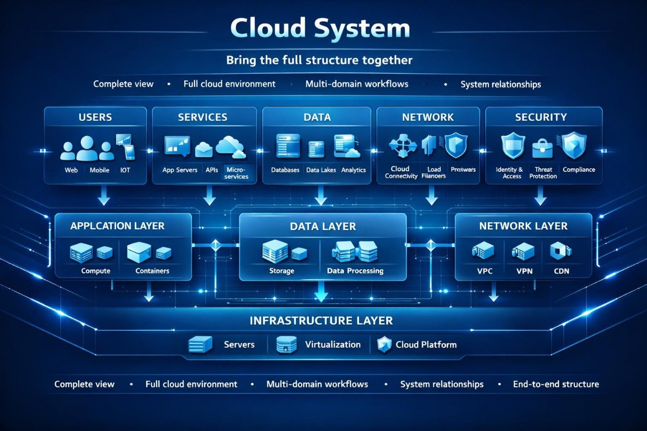 A dark blue technology infographic titled 'Cloud System' showing layered cloud architecture with icons and labels for users, services, data, network, security, application layer, data layer, and infrastructure layer.