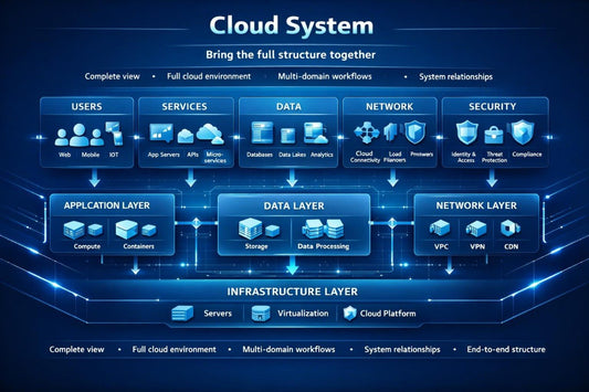 A dark blue technology infographic titled 'Cloud System' showing layered cloud architecture with icons and labels for users, services, data, network, security, application layer, data layer, and infrastructure layer.