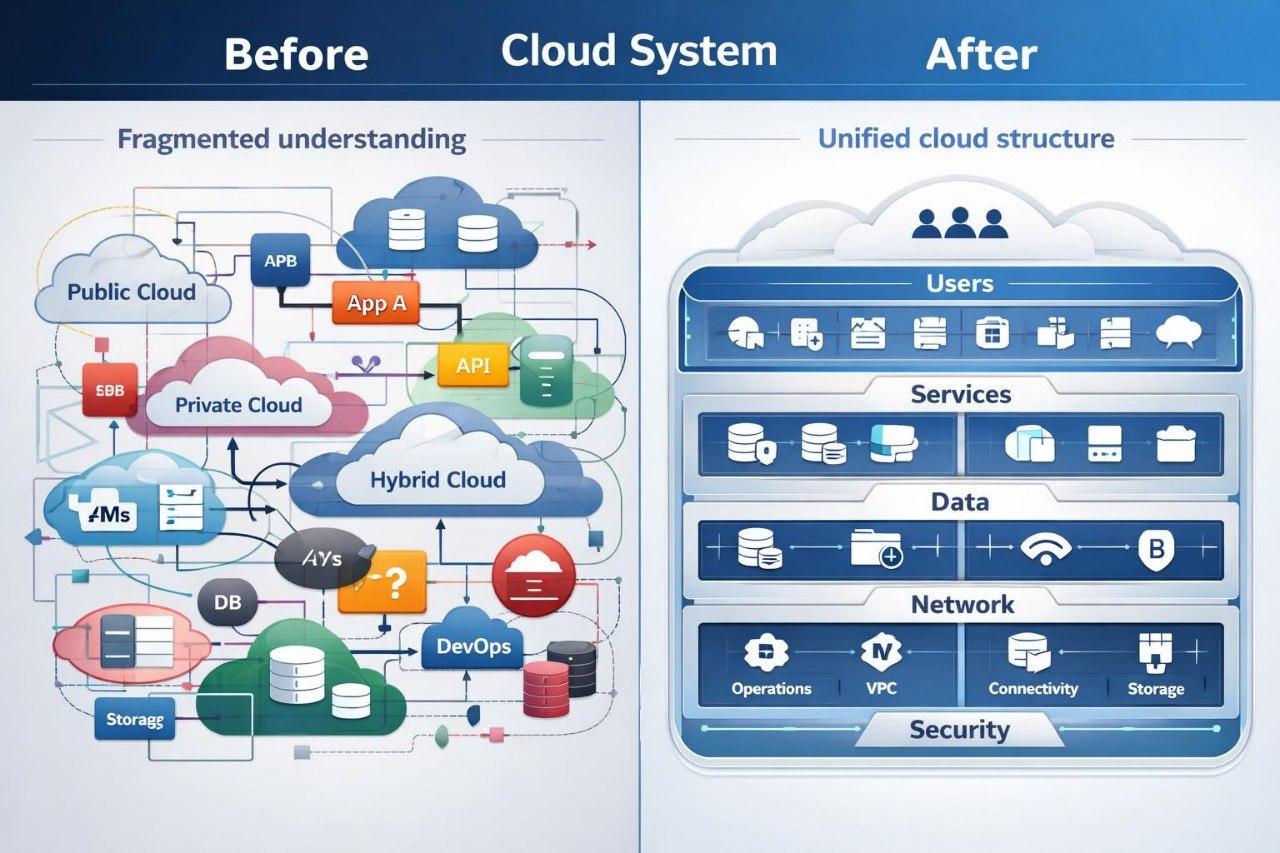 A comparison infographic titled 'Before Cloud System' and 'After Cloud System' showing a fragmented cloud architecture on the left and a unified cloud structure with Users, Services, Data, Network, and Security on the right.