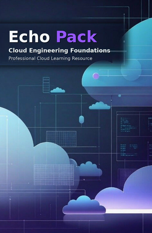 Digital cover graphic for 'Echo Pack: Cloud Engineering Foundations', featuring abstract blue and purple cloud illustrations over a dark tech-themed background with code and circuit line graphics.
