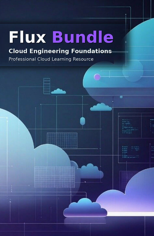 Digital cover graphic for a 'Flux Bundle' cloud engineering learning resource, featuring stylized blue and purple clouds, digital circuitry, and code snippets on a dark navy background.