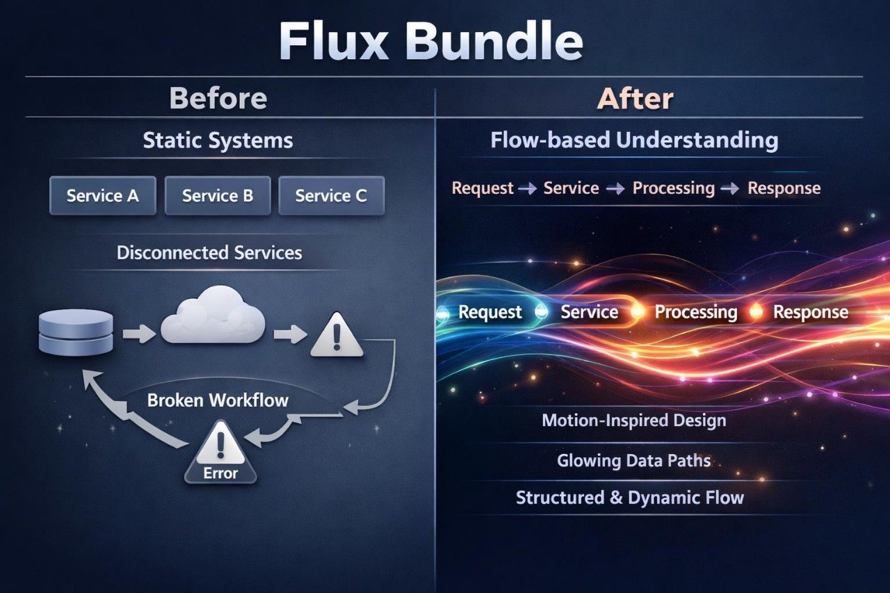 A digital infographic titled 'Flux Bundle' comparing a 'Before' static system with an 'After' flow-based understanding, using glowing neon graphics on a dark blue background.