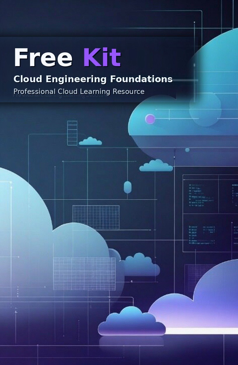 Digital cover graphic for 'Free Kit: Cloud Engineering Foundations', a professional cloud learning resource. The design features abstract blue and purple clouds, technical circuit diagrams, and code snippets on a dark navy background.