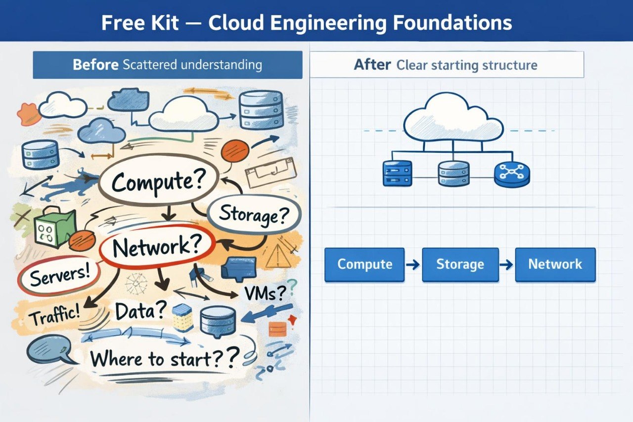 An educational cloud computing diagram titled 'Free Kit — Cloud Engineering Foundations' showing a messy 'Before' illustration on the left with labeled questions like 'Compute?', 'Storage?', and 'Network?', and a clean 'After' network topology on the right.