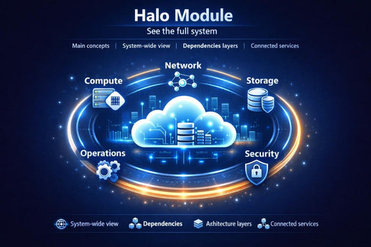 A digital infographic titled 'Halo Module' on a dark blue background, showing a glowing cloud and circular diagram with labeled sections for Compute, Network, Storage, Operations, and Security.