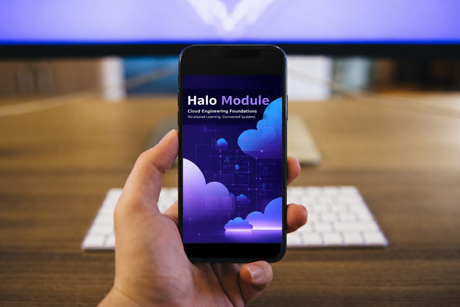 A hand holds a smartphone displaying the 'Halo Module' cloud engineering foundation app, with a blurred office desk and computer monitor in the background.