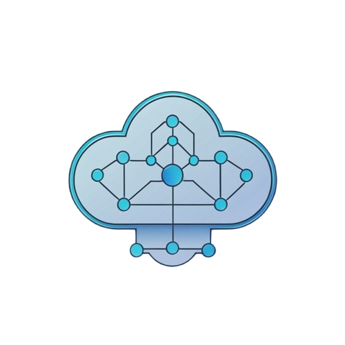 A blue and white digital logo featuring a geometric network design with circular segments on a plain white background.
