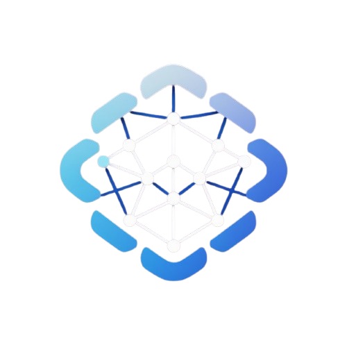 A blue and white digital logo featuring a geometric network design with circular segments on a plain white background.