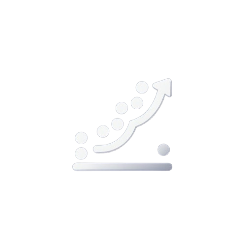 A minimalist white and light gray icon depicting an upward-trending arrow with rising circles above a horizontal bar, centered on a plain white background.