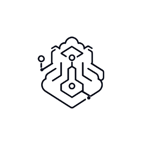 A minimalist black line icon depicting a circuit board or microchip design, centered on a solid white background.