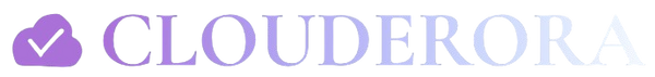 A logo featuring a purple cloud icon with a white checkmark next to the word 'CLOUDERORA' in a light purple gradient font on a white background.