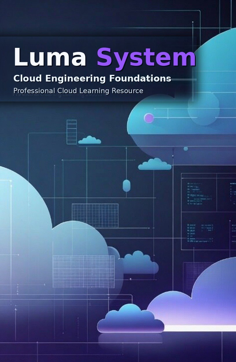Digital cover graphic for 'Luma System Cloud Engineering Foundations', featuring abstract blue and purple cloud illustrations over a dark tech-themed background with code and circuit elements.