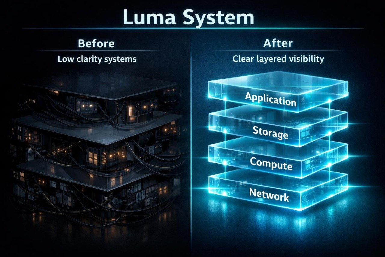 Promotional graphic for 'Luma System' with a dark background, showing a server rack labeled 'Before' on the left and a glowing blue layered stack labeled 'After' with Application, Storage, Compute, and Network on the right.
