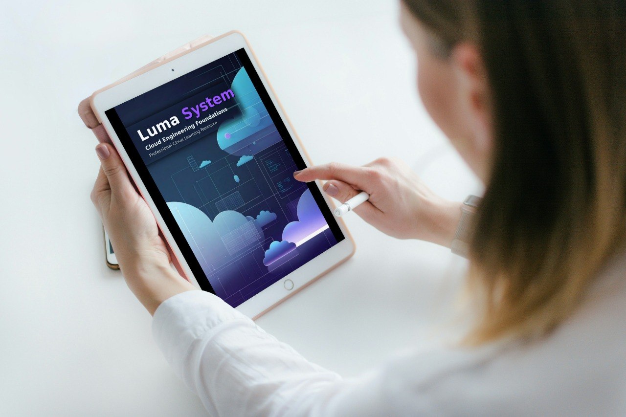 A woman in a white shirt holds a tablet showing the Nexus System dashboard, with her hand touching the screen, against a clean white background.