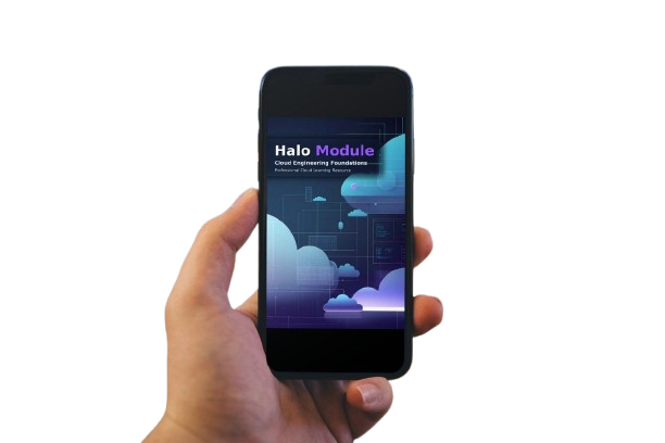 A hand holding a black smartphone against a plain white background. The phone screen displays a digital graphic titled 'Halo Module' with abstract cloud illustrations in shades of blue, purple, and white.
