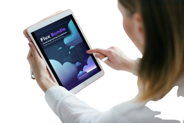A person in a white shirt holds a tablet and touches the screen, which displays the text 'Flux Bundle' and cloud graphics on a white background.