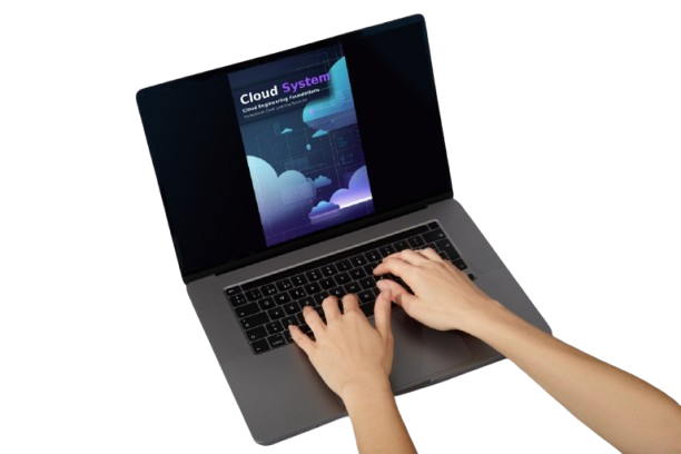 A dark gray laptop with a person's hands typing on the keyboard, set against a plain white background. The laptop screen displays a software interface titled 'Cloud System'.