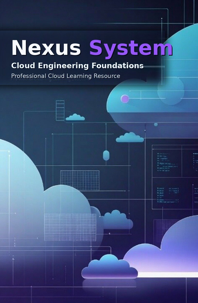 Digital cover graphic for 'Nexus System: Cloud Engineering Foundations', featuring abstract blue and purple cloud illustrations, technical circuit diagrams, and code snippets on a dark navy background.