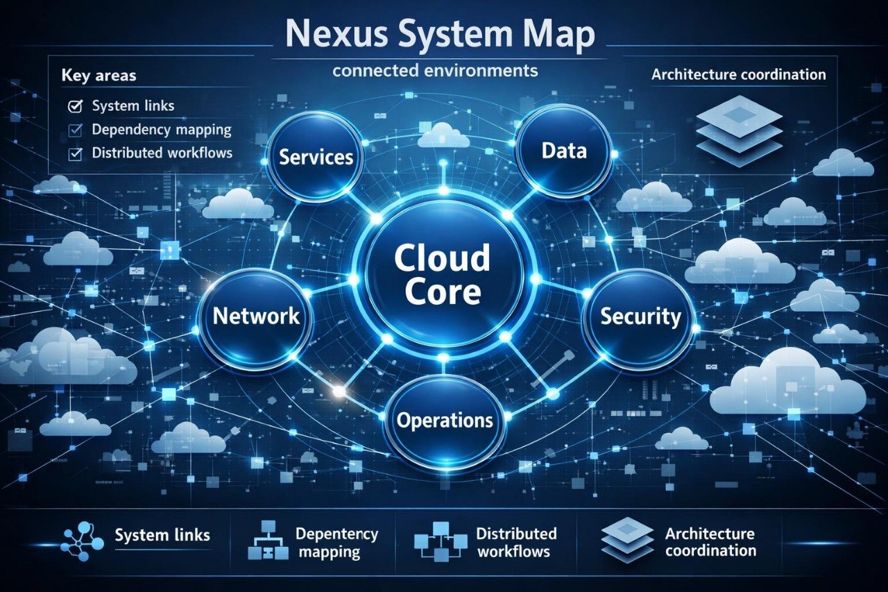 A digital infographic titled 'Nexus System Map' showing a cloud architecture diagram with a glowing central 'Cloud Core' surrounded by labeled circles for Services, Data, Security, Operations, and Network, with cloud icons and connection lines on a dark blue background.