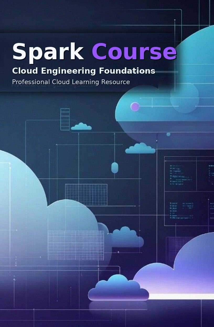 Digital cover graphic for a 'Spark Course' titled 'Cloud Engineering Foundations' with the subtitle 'Professional Cloud Learning Resource'. The design features abstract 3D cloud shapes in shades of blue, purple, and teal against a dark navy background with subtle technical circuit and code interface graphics.