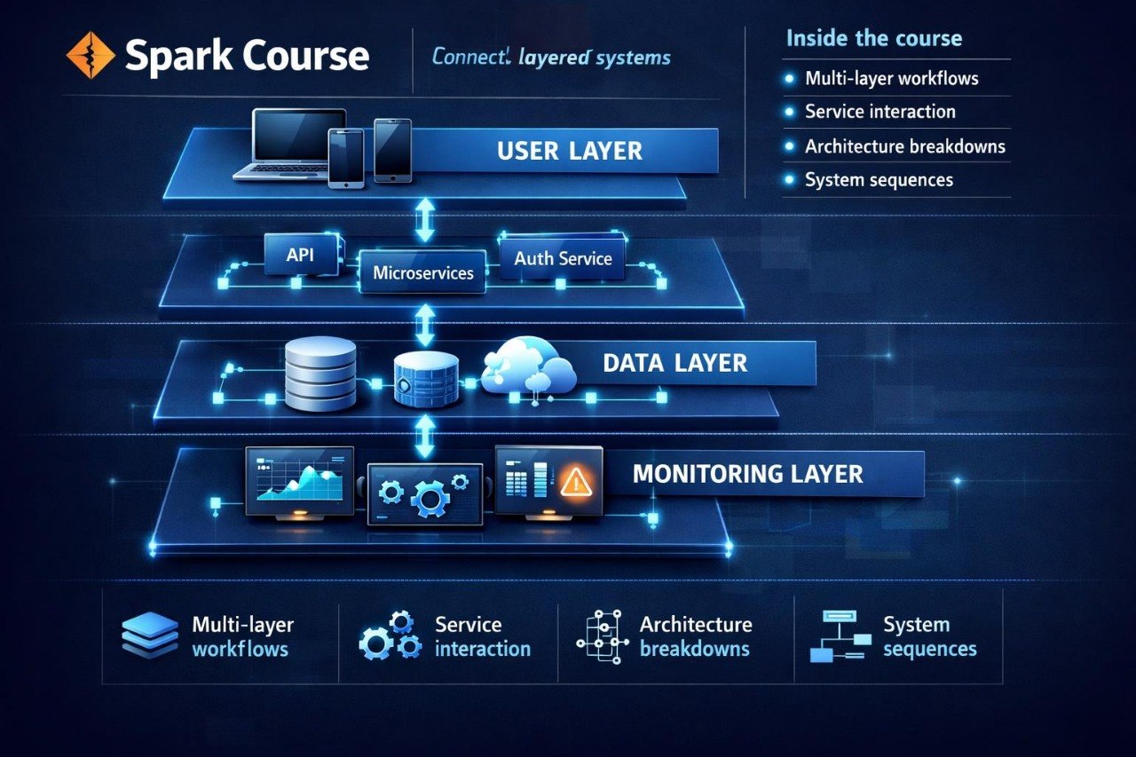 A digital infographic for a Spark Course about building layered systems, showing three main layers: User Layer, Data Layer, and Monitoring Layer, with icons representing APIs, microservices, databases, and cloud services.