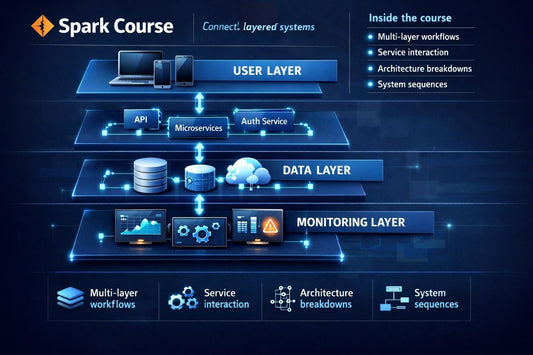 A digital infographic for a Spark Course about building layered systems, showing three main layers: User Layer, Data Layer, and Monitoring Layer, with icons representing APIs, microservices, databases, and cloud services.