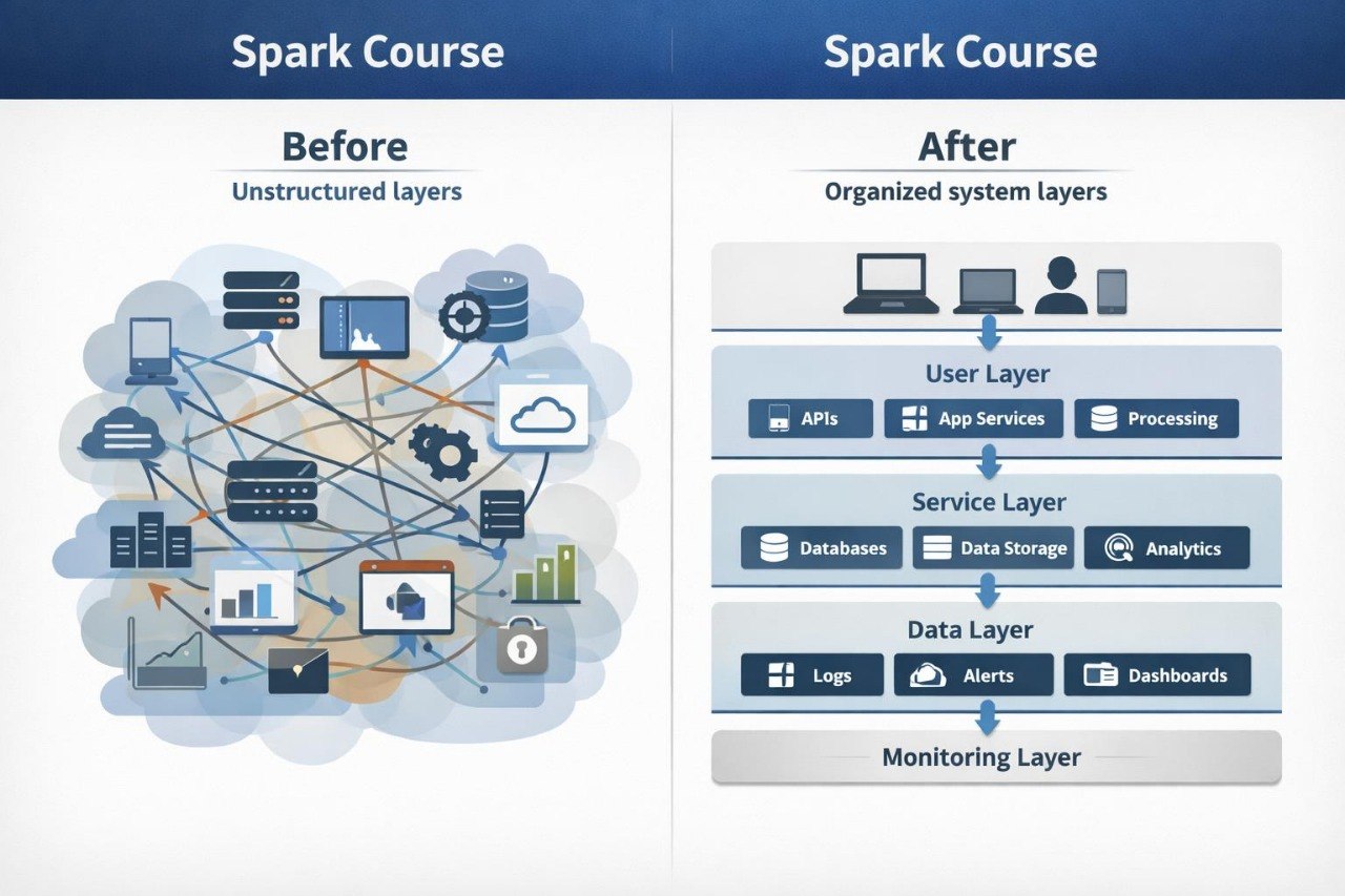A comparison infographic titled 'Spark Course' showing a 'Before' state with tangled unstructured layers and an 'After' state with a structured layered system including User Layer, Service Layer, Data Layer, and Monitoring Layer.