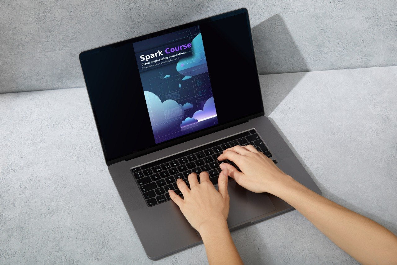 A person's hands typing on a dark gray laptop with an open screen displaying a 'Spark Course' graphic, set against a light gray textured background.
