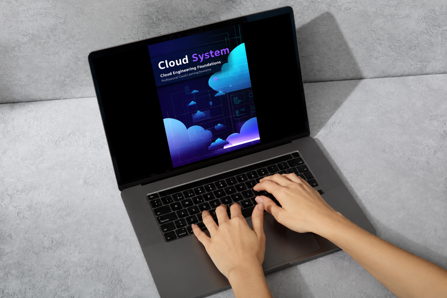 A top-down view of a person typing on a dark gray laptop computer, with the screen displaying a digital course cover titled 'Cloud System Cloud Computing Foundations'. The laptop is placed on a textured gray surface.