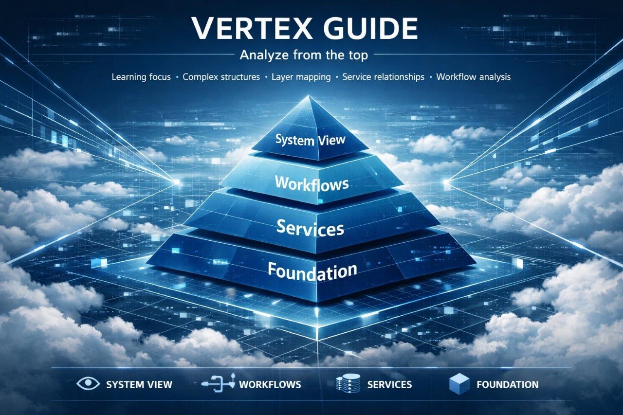 A digital infographic titled 'VERTEX GUIDE' showing a blue pyramid labeled 'System View', 'Workflows', 'Services', and 'Foundation' over a cloud and circuit-board background. Smaller text at the top reads 'Analyze from the top' with additional technical-looking phrases, and icons label the four levels along the bottom.