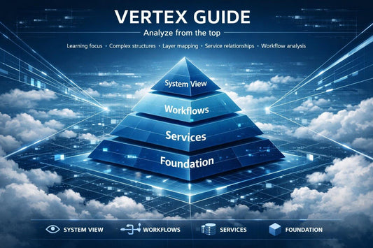 A digital infographic titled 'VERTEX GUIDE' showing a blue pyramid labeled 'System View', 'Workflows', 'Services', and 'Foundation' over a cloud and circuit-board background. Smaller text at the top reads 'Analyze from the top' with additional technical-looking phrases, and icons label the four levels along the bottom.