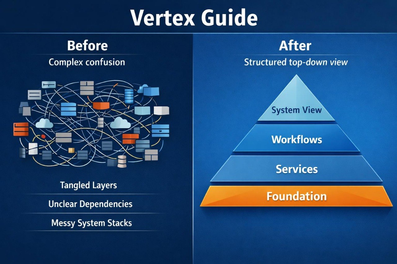 A blue infographic titled 'Vertex Guide' comparing a messy, tangled system state labeled 'Before' with a structured pyramid labeled 'After' containing System View, Workflows, Services, and Foundation.