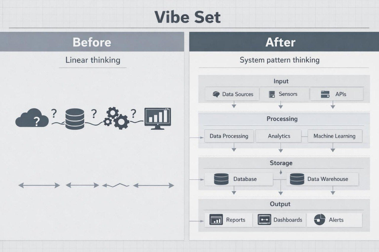 A comparison graphic titled 'Vibe Set' showing 'Before' and 'After' thinking approaches. The left side, labeled 'Before' under 'Linear thinking,' uses simple cloud, database, and chart icons.