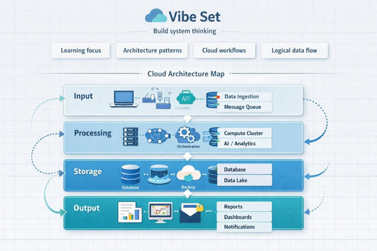 A digital infographic titled 'Vibe Set' showing a 'Cloud Architecture Map' with four horizontal stages: Input, Processing, Storage, and Output, illustrated with icons and labels on a light grid background.